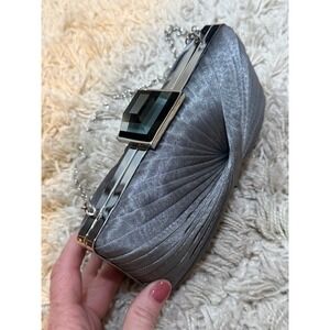 Sondra Roberts Pleated Evening Clutch Silver Grey Jewel Clasp Chain Strap